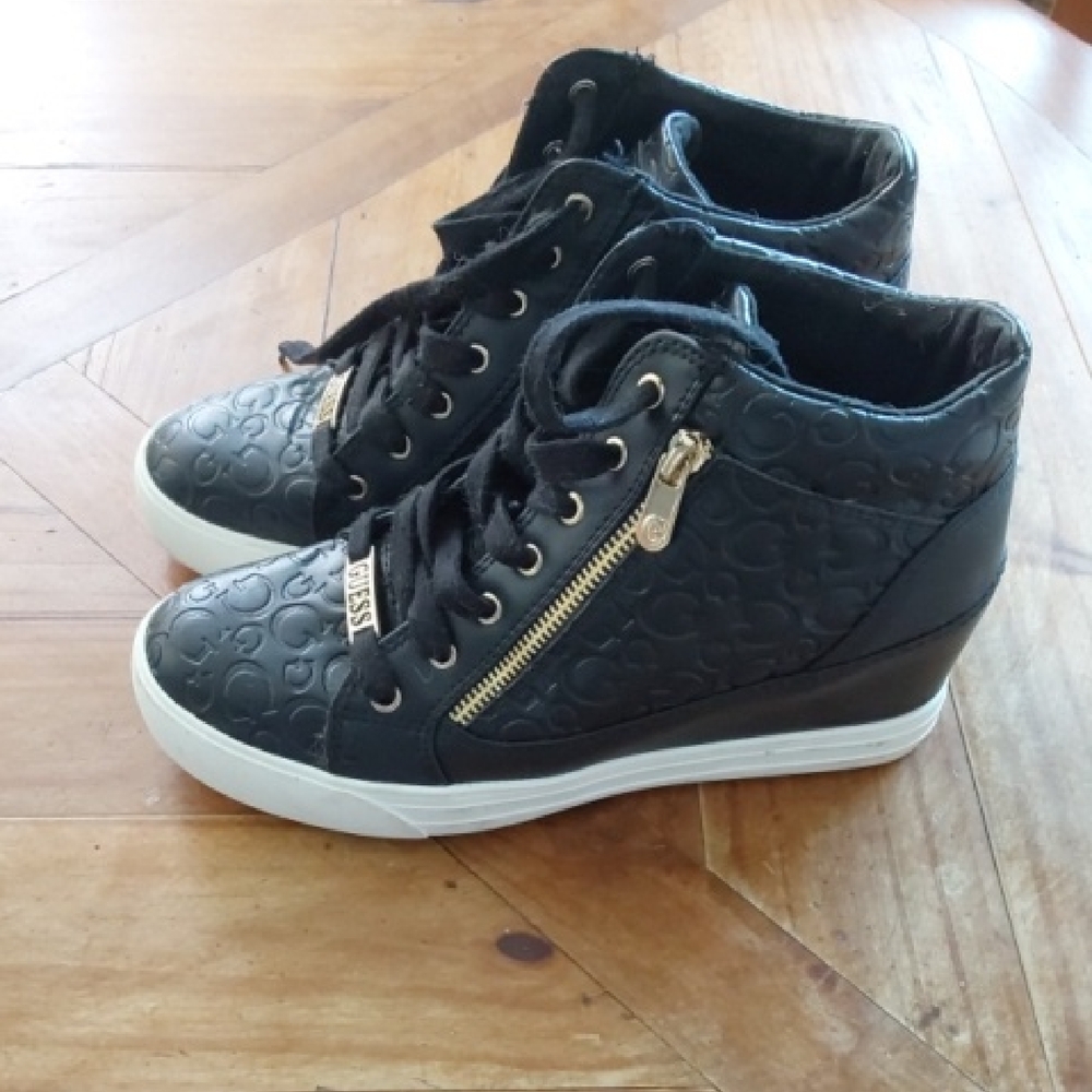 Guess Black Quilted High-Top Sneakers with Gold Zippers